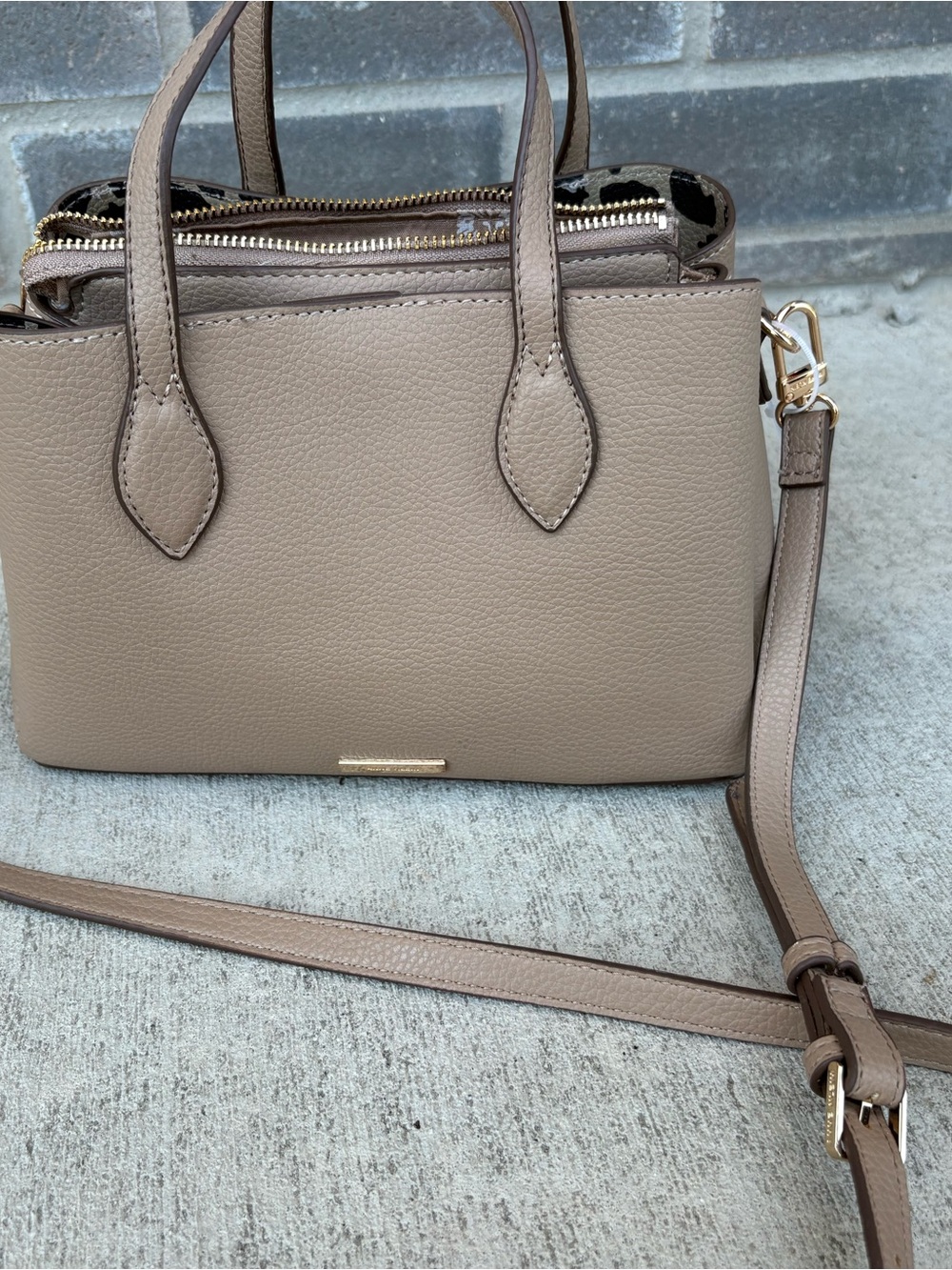 Anne Klein Taupe Structured Leather Satchel Crossbody Bag